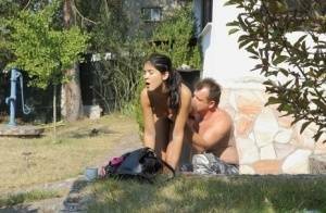 Nice teen Lady Dee gets a mouthful of cum during outdoor sex with an old guy on fanspics.com