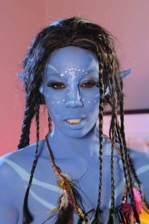 Cosplay beauty Misty Stone takes cock in nothing but blue body paint on fanspics.com