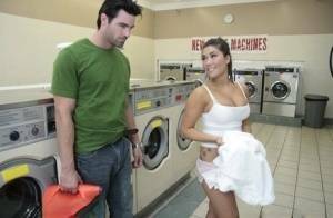 Asian babe with big hooters London Keye has wild sex in the laundry on fanspics.com