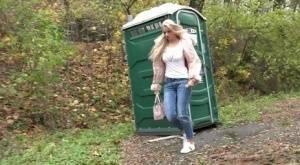Blonde Katy Sky has to drop her jeans & pee in public because of locked toilet on fanspics.com
