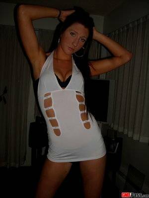 Sky strips out of her slutty white stripper dress that she wore to the club on fanspics.com