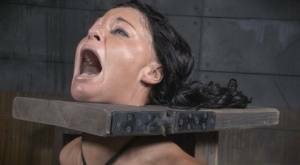 Restrained brunette London River is forced to suck a black penis on fanspics.com