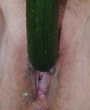 Mature platinum blonde Dimonty masturbates with a banana and a cucumber on fanspics.com