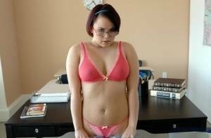 Enchanting coed in glasses Kaci Starr revealing puffy butt and tits on fanspics.com