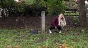 Dirty blonde female can't hold her pee any longer and pisses in public park on fanspics.com