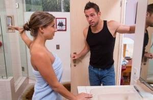 Skinny wife Presley Hart seduces her husband's friend in a bathroom on fanspics.com
