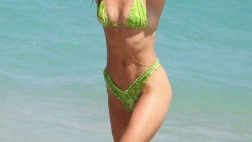 Nina Agdal Looks Hot in a Green Bikini on the Beach in Miami on fanspics.com
