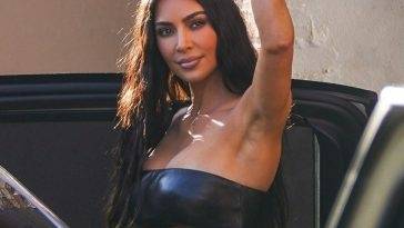 Kim Kardashian Leaves Jimmy Kimmel Live in a Sexy Leather Bandeau Top on fanspics.com