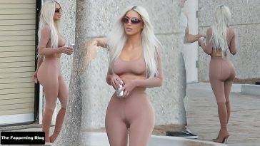 Kim Kardashian Gets Risque in a Sheer SKIMS Cropped Top and Leggings in Calabasas on fanspics.com