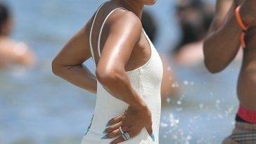 Karrueche Tran Looks Incredible in a White Swimsuit on the Beach in Miami on fanspics.com