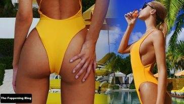 Kimberley Garner Displays Her Stunning Sideboob and Ass in a Yellow Swimsuit on fanspics.com