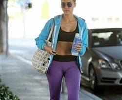 Jessica Alba Walking The Street In A Sports Bra & Yoga Pants on fanspics.com