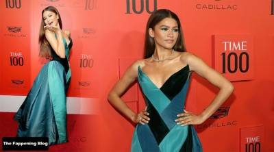 Zendaya Poses in a Blue Strapless Dress for the 2022 TIME100 Gala in NYC on fanspics.com