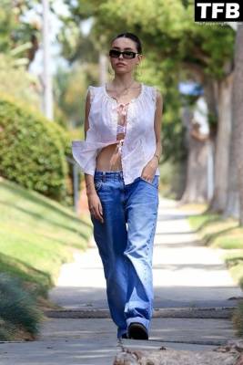 Madison Beer Styles Low-Rise jeans With a Sheer Lace Top For a Day Out in Los Feliz on fanspics.com