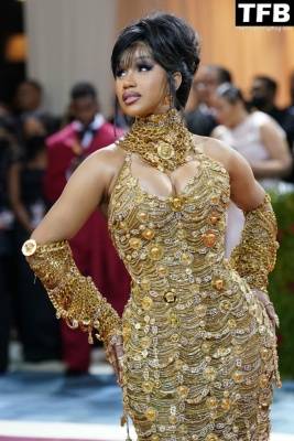 Cardi B Shows Off Her Huge Boobs in a Golden Dress at The 2022 Met Gala in NYC on fanspics.com