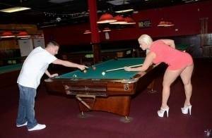 Curvy slut gets nailed on a pool table and jizzed over her big jugs on fanspics.com