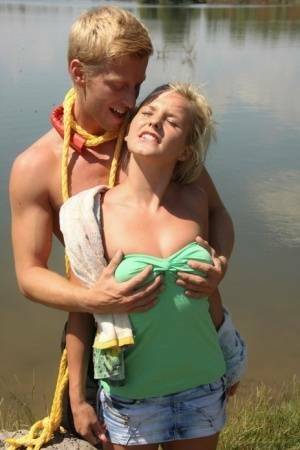 Hot blonde girlfriend gets peeled and poked doggystyle with outdoor cum facial on fanspics.com