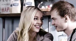 Young blonde Lily Larimar has sex with a guy while they're working in cafe on fanspics.com