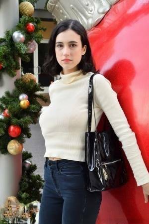 Brunette chick Giulia flashes her tits in public before masturbating at home on fanspics.com