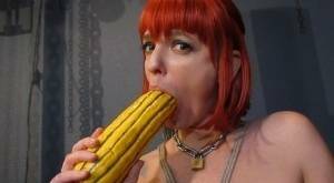 Kinky pierced BDSM slut Abigail Dupree pisses in carafe & toys ass with gourd on fanspics.com