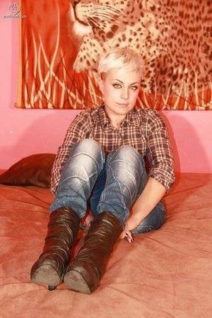 Awesome short haired blonde girl Marlene is a foot fetish babe on fanspics.com