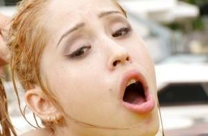 Young Latina slut Goldie Ortiz taking cumshot in mouth outdoors on fanspics.com